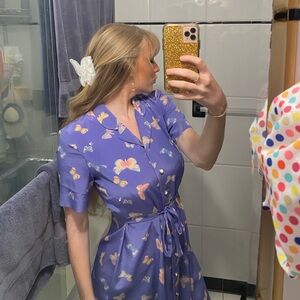 VINTAGE Purple Butterfly Print Midi Dress